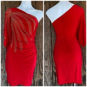 Bisou Bisou Red One Shoulder Gold Burst Dress